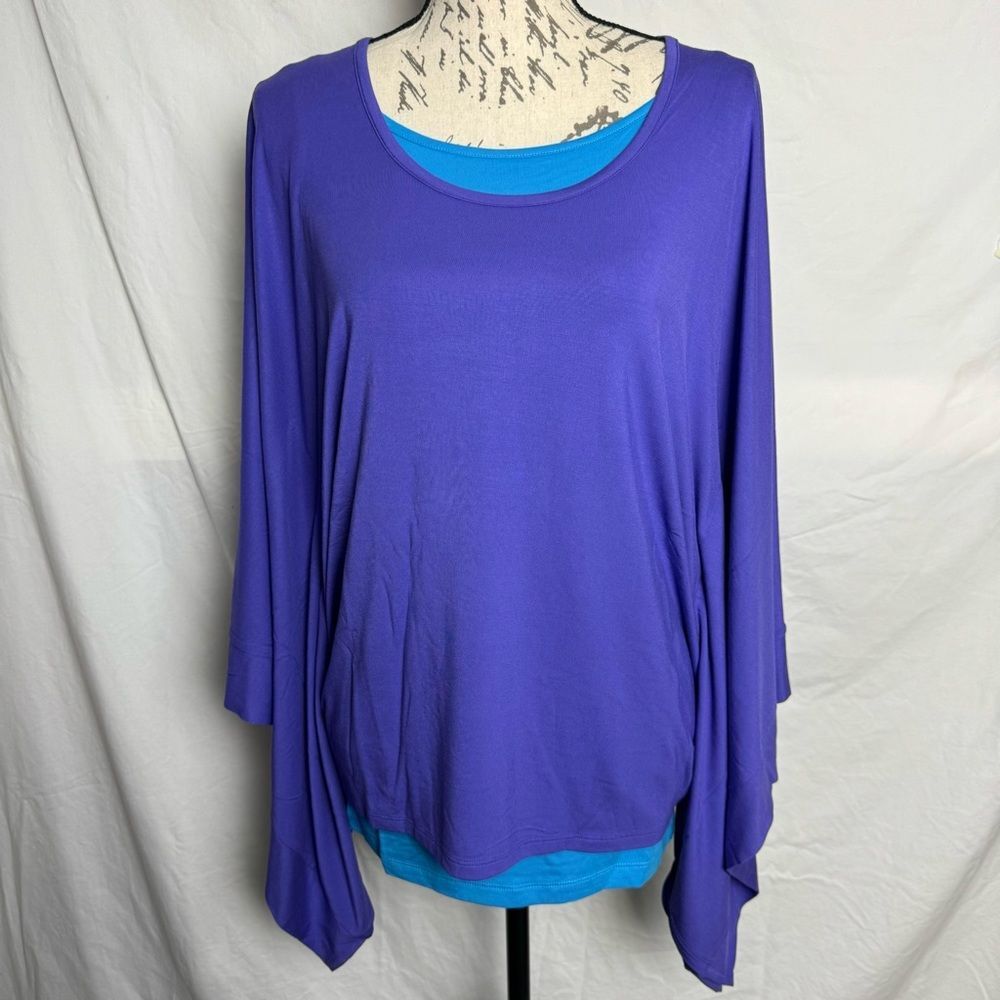 IMAN GLOBAL CHIC PURPLE/ BLUE FLOWY LOOSE TOP With TANK TOP UNDERNEATH SZ XS/S